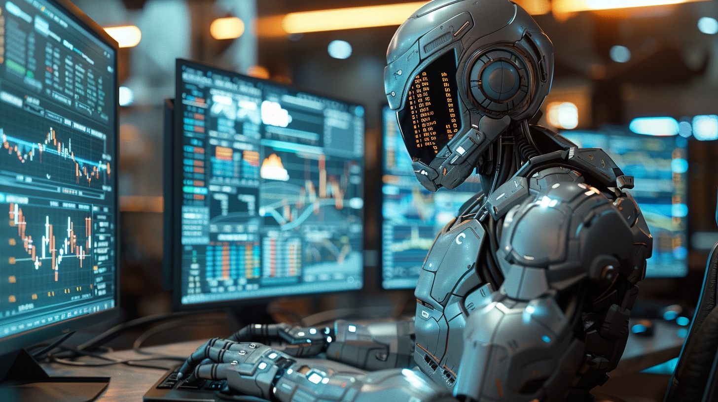 Robot humanoide de perfil operando ante tres monitores con gráficos de mercado, con las manos sobre el teclado